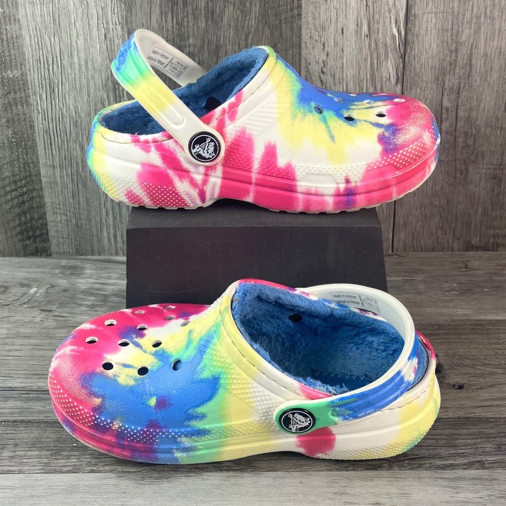 Crocs Classic Lined Tie Dye Clogs Multi Color Blue Fuzzy Fur Kids Size C10 - Picture 2 of 7